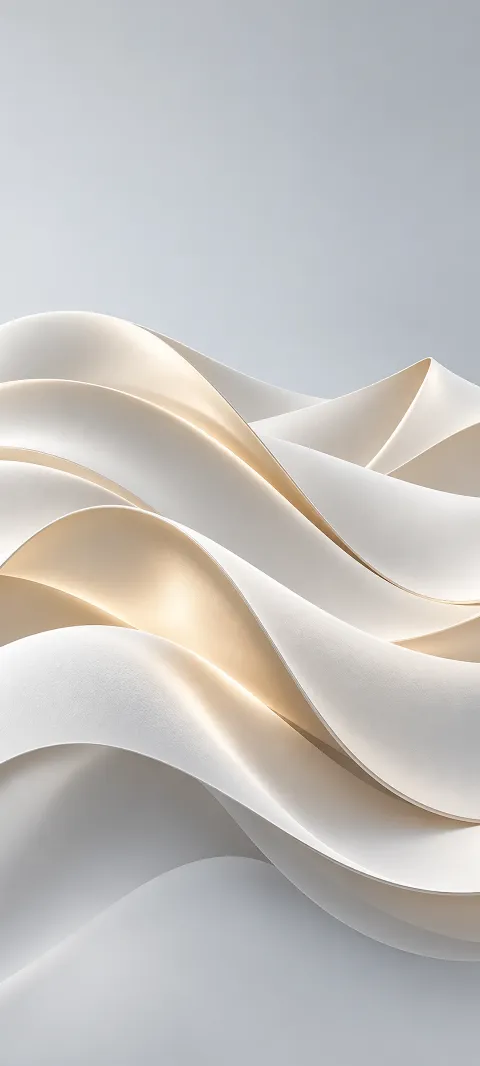 Overlapping pearl-white sculptural sheets with curved folds and warm champagne edge highlights.
