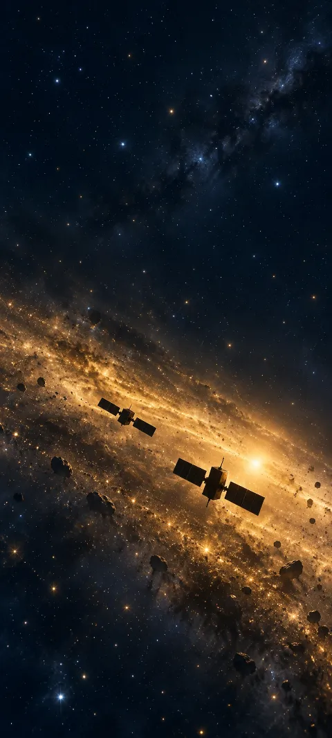 Two dark satellites with paired solar panels floating through golden cosmic dust and stars.