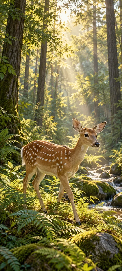 A spotted deer steps through ferns beneath tall trees.