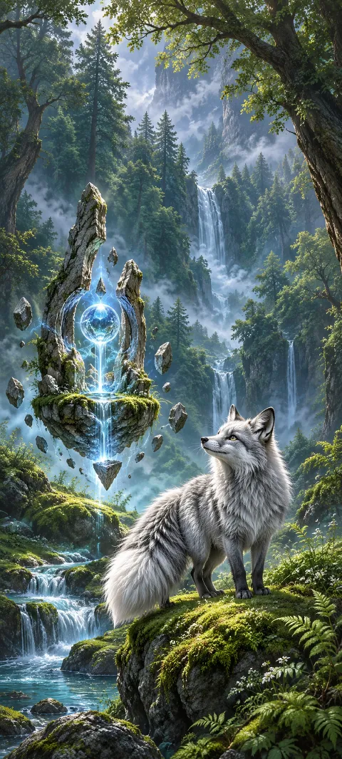 Silver fox on moss near levitating stones and a blue glowing shrine in a forest.