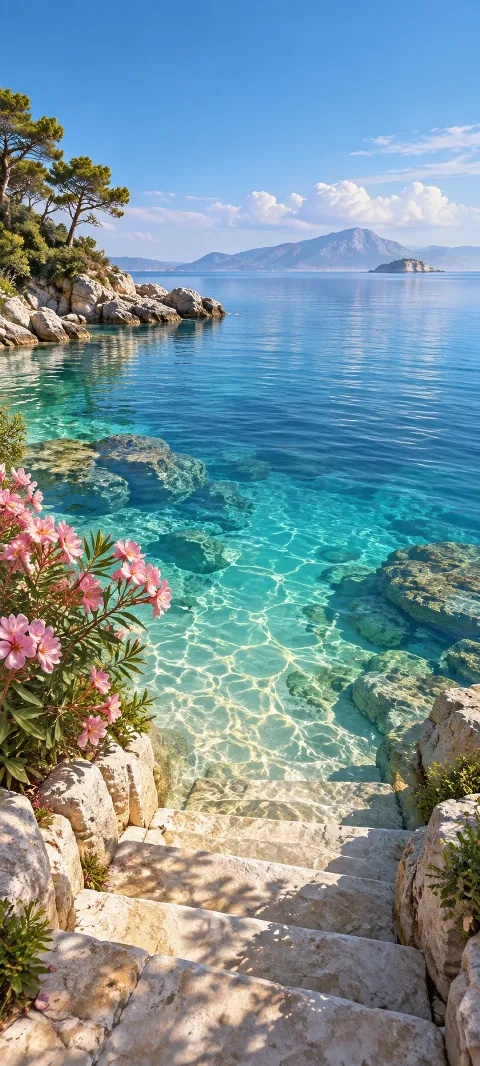 Clear lagoon water laps against pale stone steps.