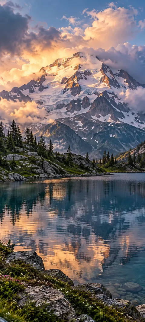 Clouds gather around a summit above a quiet lake.