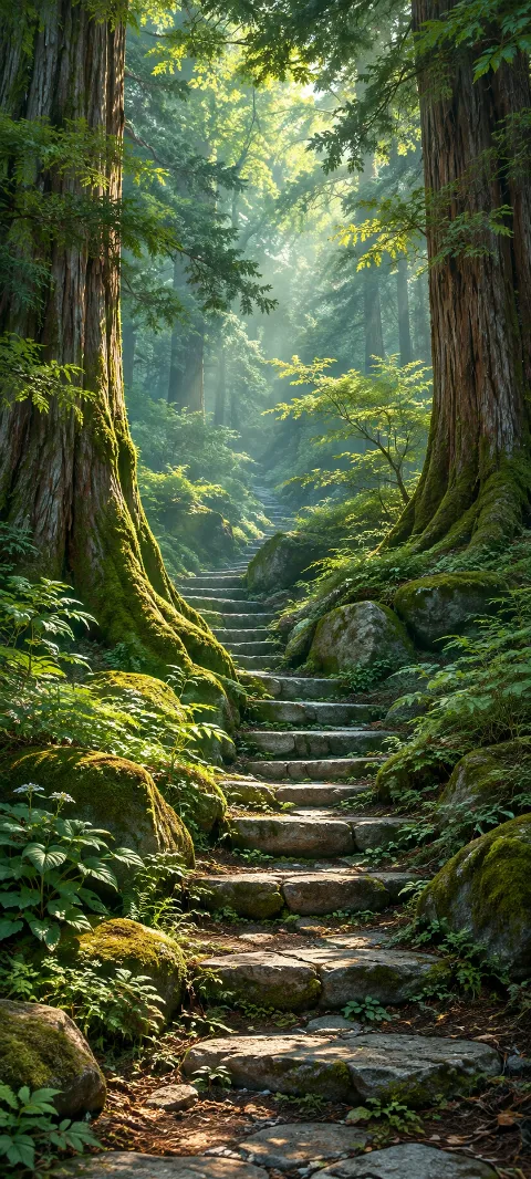 Mossy cedar trunks frame stone steps disappearing into a cool green forest.