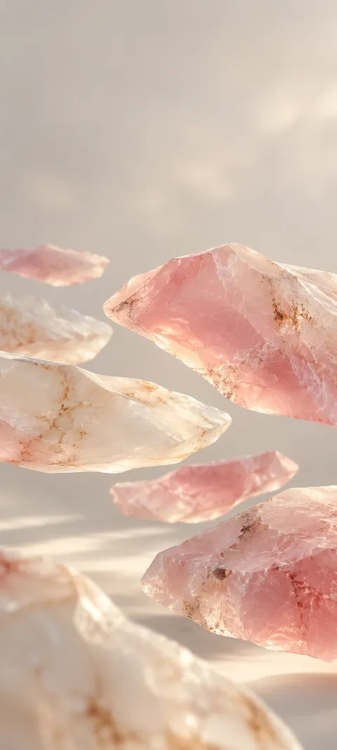Floating pink and cream quartz slabs with fine mineral inclusions.
