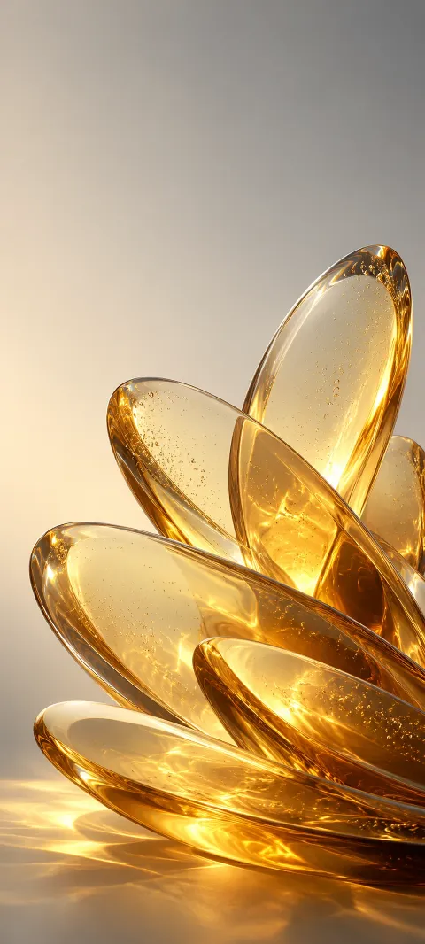 Overlapping golden glass oval blades with bubbles and refracted warm light.