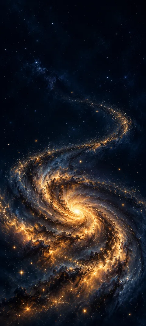 A golden spiral ribbon of galactic dust winding through navy space with scattered stars.