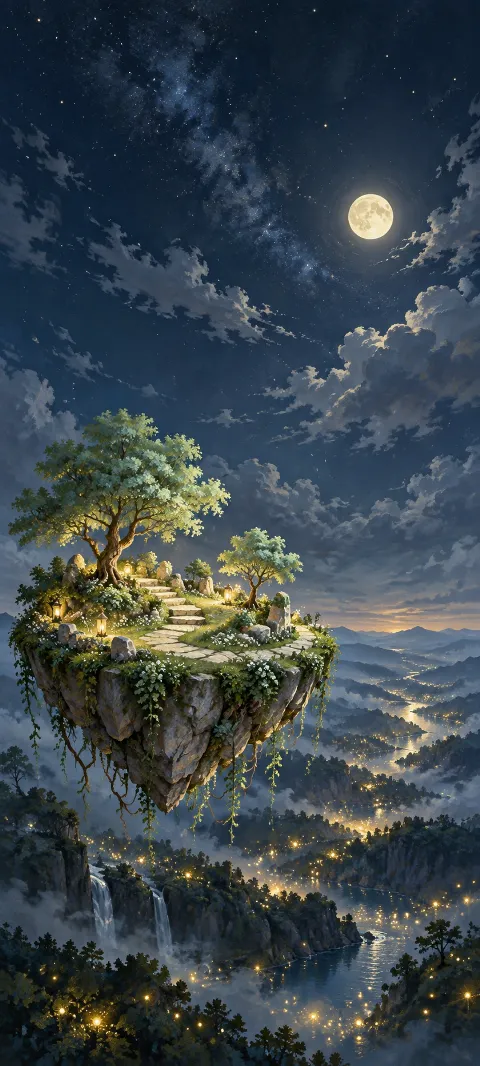 Floating garden island with trees and steps above a moonlit valley dotted with fireflies.