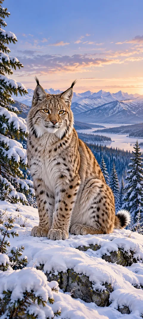 A whole seated lynx with tufted ears and a short tail on a snowy ridge.