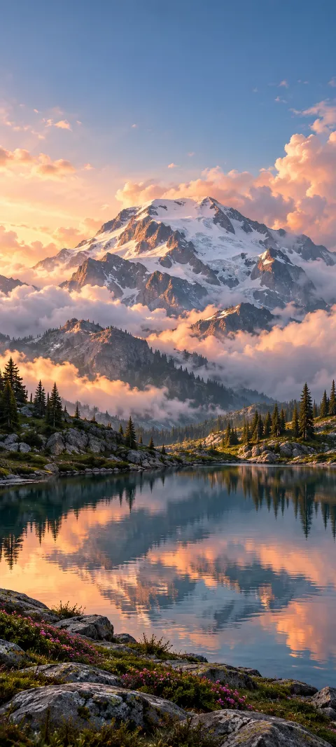 Clouds gather around a summit above a quiet lake.
