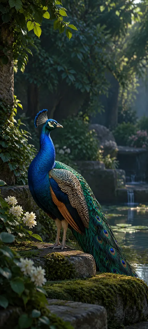 A blue peacock standing beside a forest cascade.