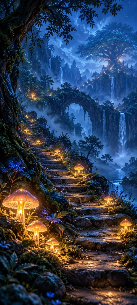 Mushroom-shaped lanterns mark steps through a blue forest.
