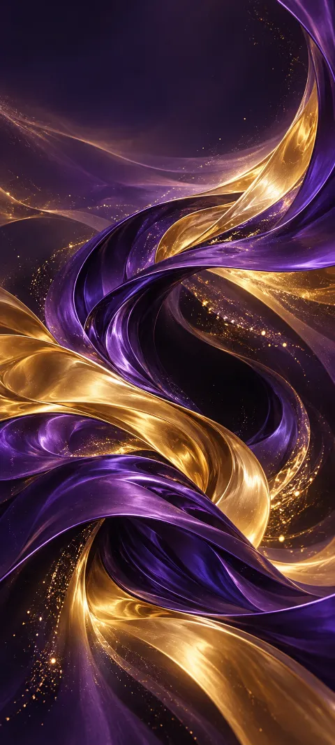 Violet and gold ribbons twist around a dark center like liquid silk.
