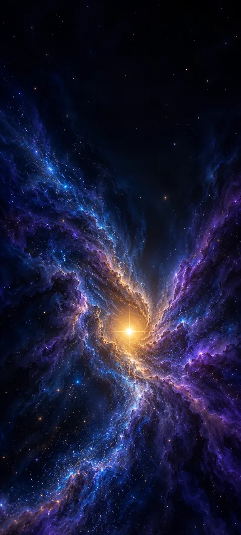 A golden star glowing in a corridor of indigo and violet cosmic dust.
