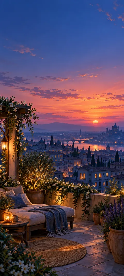 Rooftop garden seating and plants overlooking blue buildings at sunset.