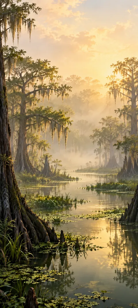 Moss-draped cypress trees and rooted banks reflected in a golden misty wetland channel.