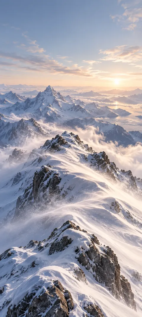 A snowy mountain ridge with windblown snow beneath pale light.