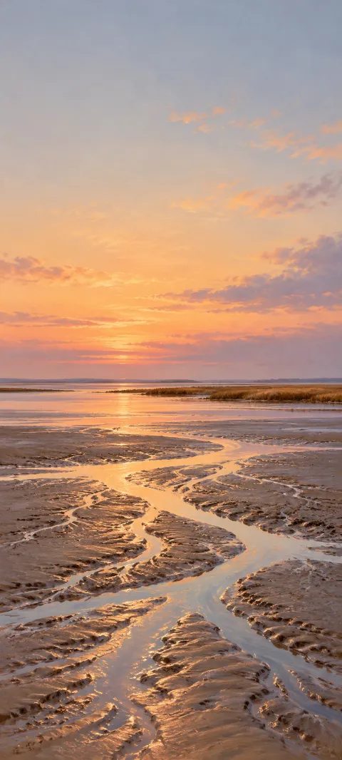 Golden dawn reflected in branching water channels across a tidal mudflat.