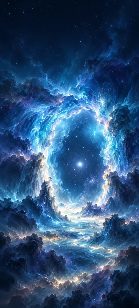 Blue nebula clouds form a doorway toward a tiny white star.
