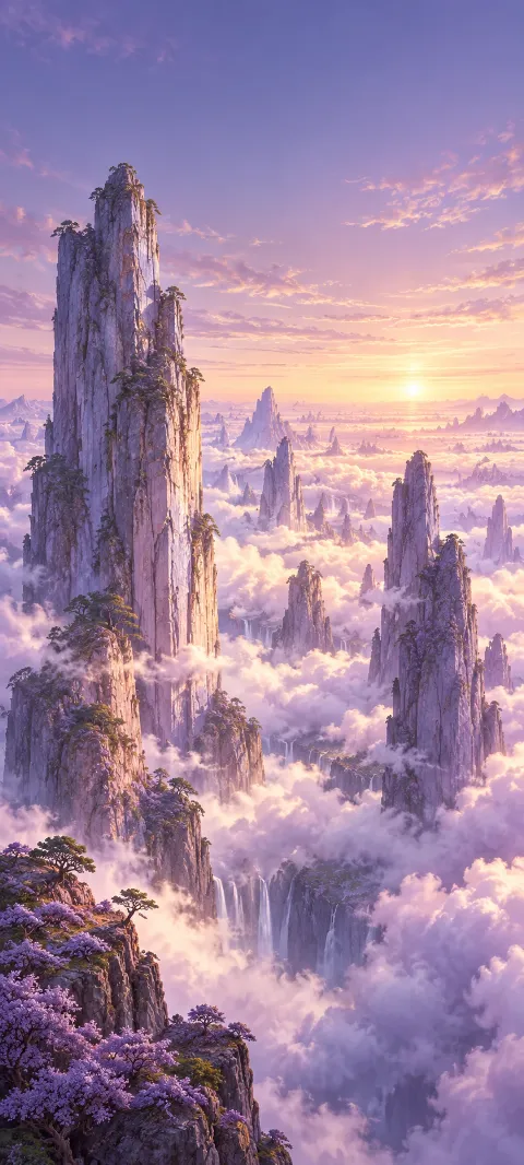 Lavender monoliths rise from a cloud-covered plain.