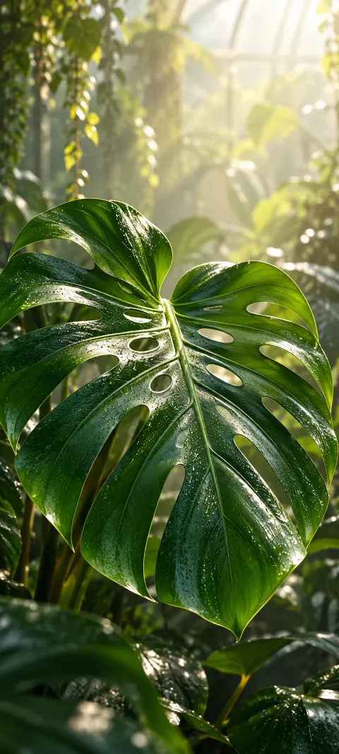 Monstera leaves overlap in rich filtered light.