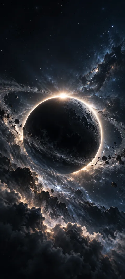 A silver ring glows around a dark eclipsed world.
