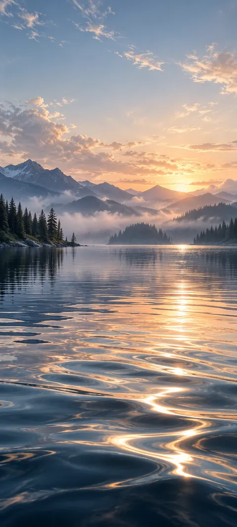 Silver ripples cross a calm lake beneath warm sunset clouds.