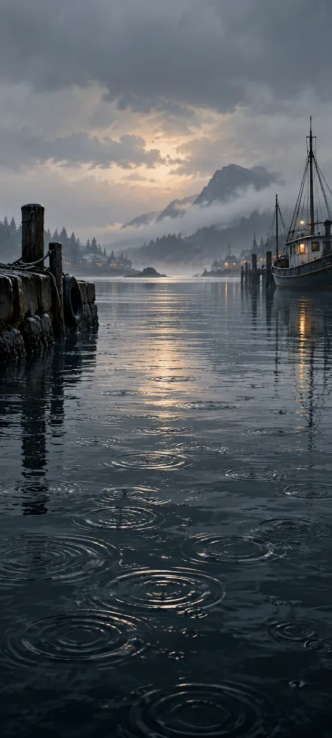 Rain rings on gray harbor water beside a boat and wooden moorings.