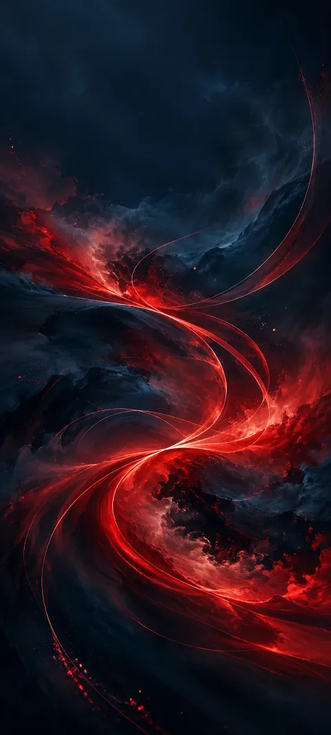 Scarlet lines arc through smoky navy space.