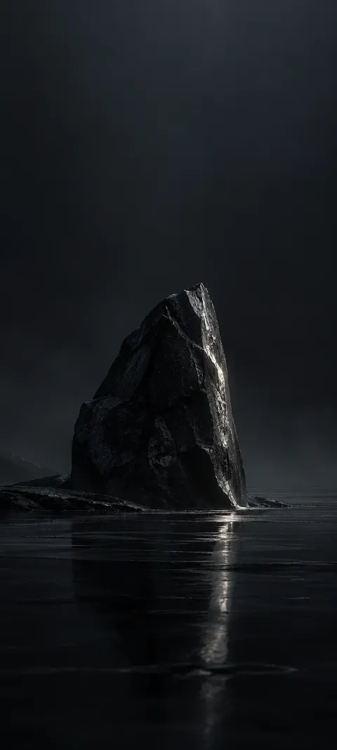 A black stone form catches one narrow highlight.