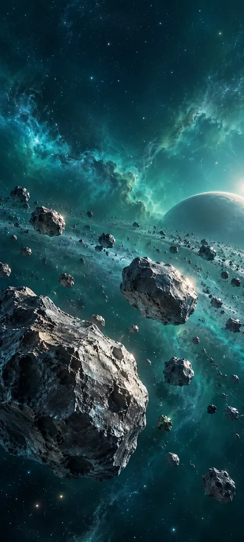 Silver asteroids drift through a teal star field.