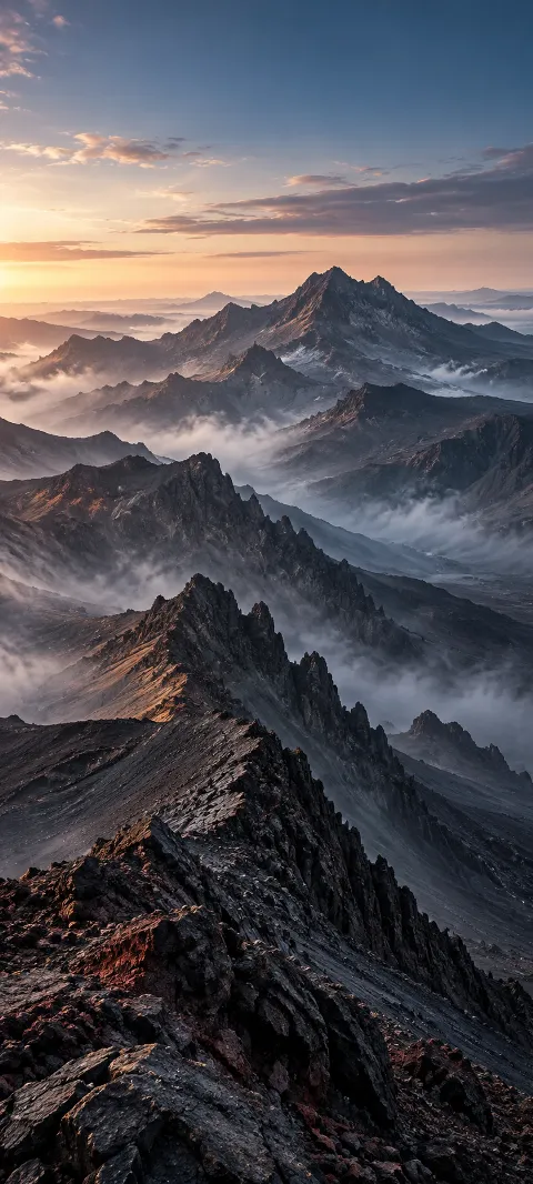 A charcoal volcanic ridge fades through ash-gray air.