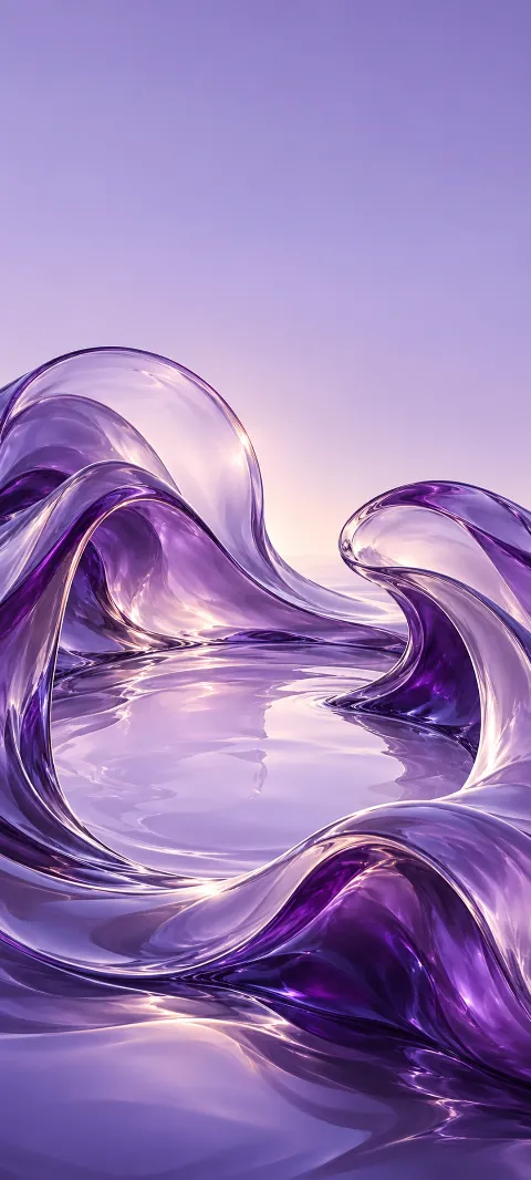 Translucent purple wave sculptures surrounding a pale lilac reflective pool.