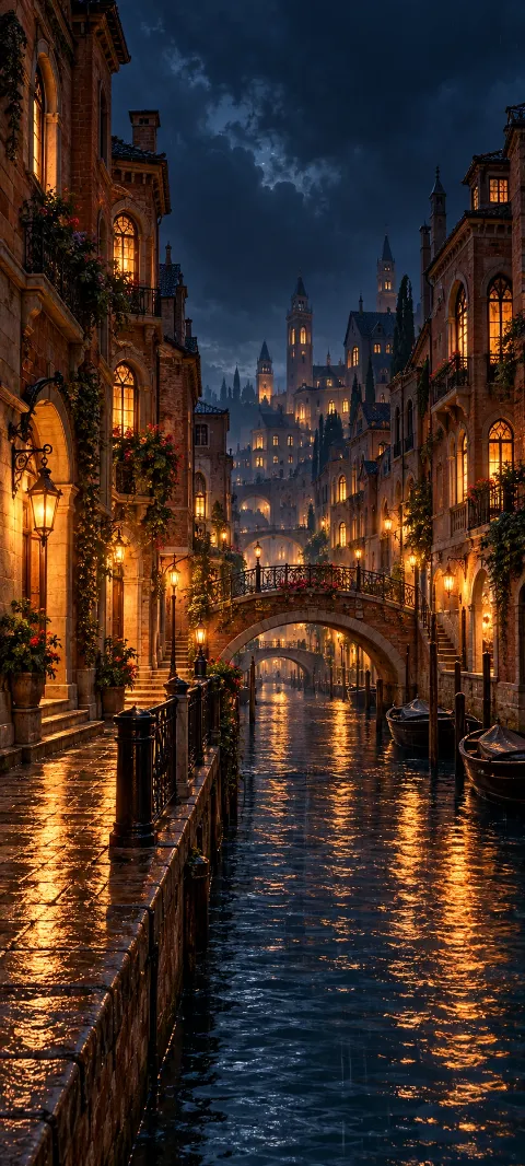 An amber-lit canal street with arched bridges and rain reflections between brick buildings.