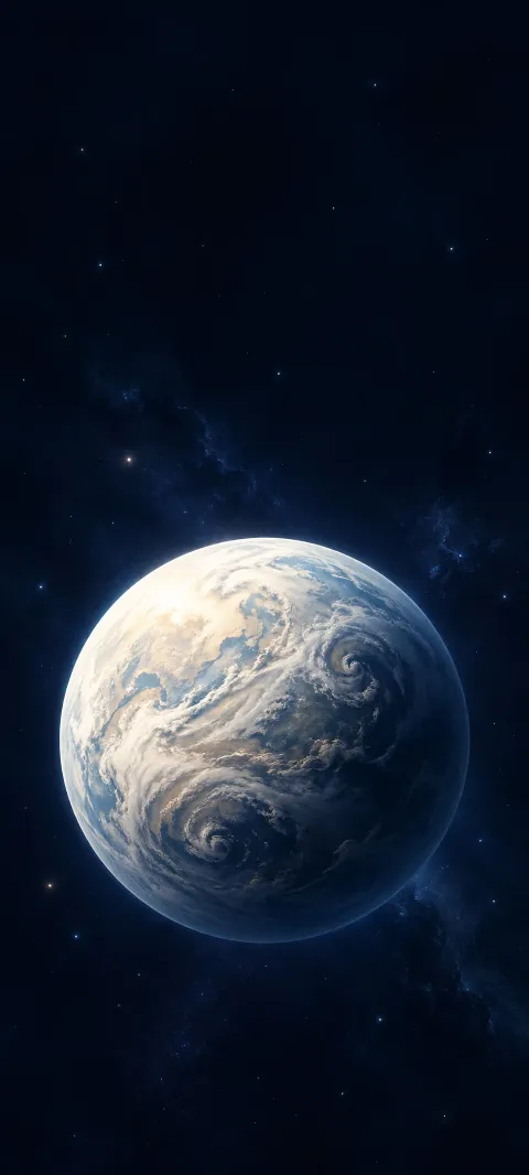 A pearly cloud-covered planet fades into blue shadow against midnight space.