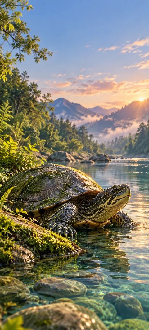 A river turtle rests beside a mossy bank.