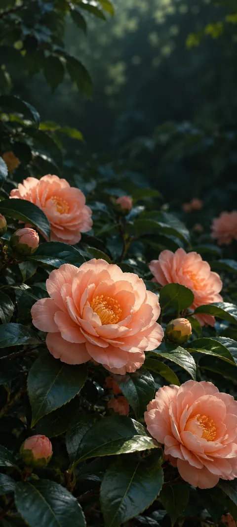 Peach camellia blossoms sit in deep leafy shade.