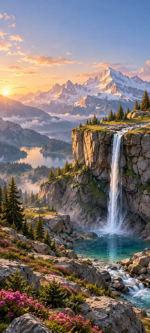 A thin waterfall drops from a bright mountain shelf.