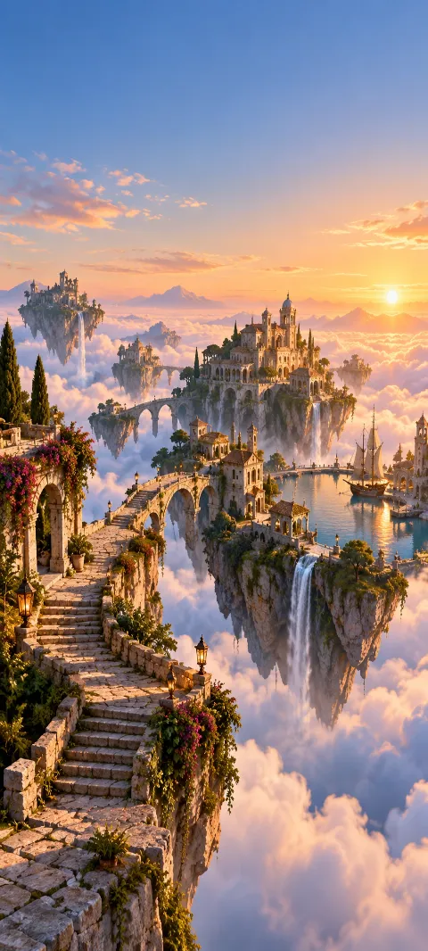 Stone stairways connect islands above a cloud sea.