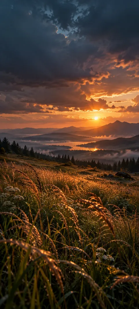 Rain-darkened meadow grasses catch copper light under storm clouds.