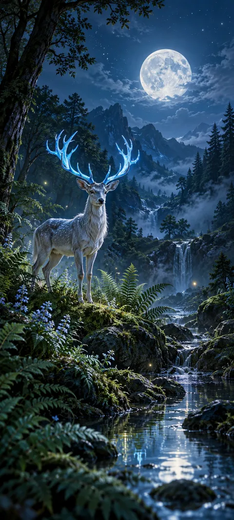 A blue-antlered deer stands in a moonlit fern hollow.