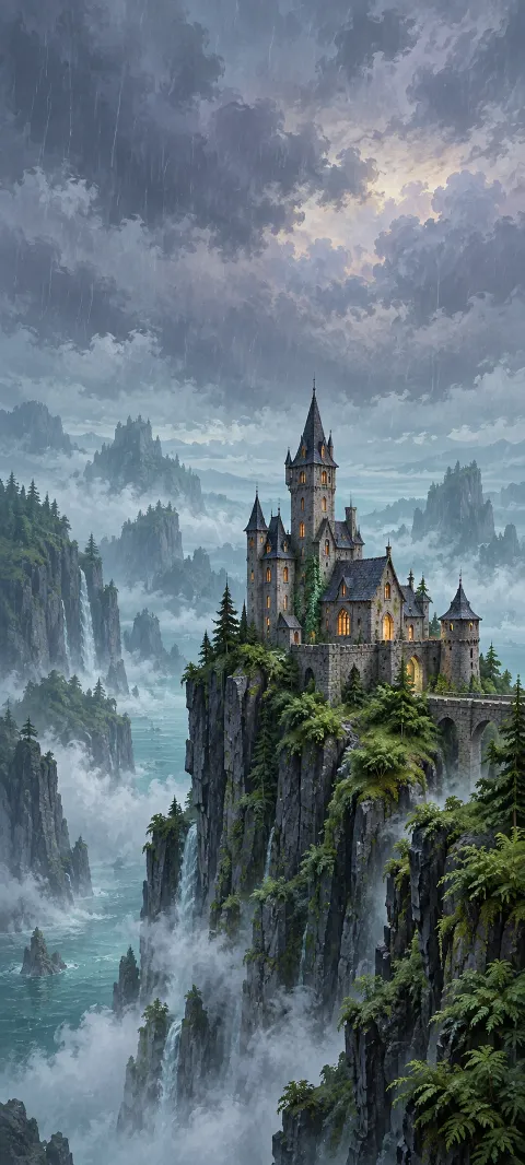 A slate castle with warm windows on a fern-covered cliff amid rain and blue mist.