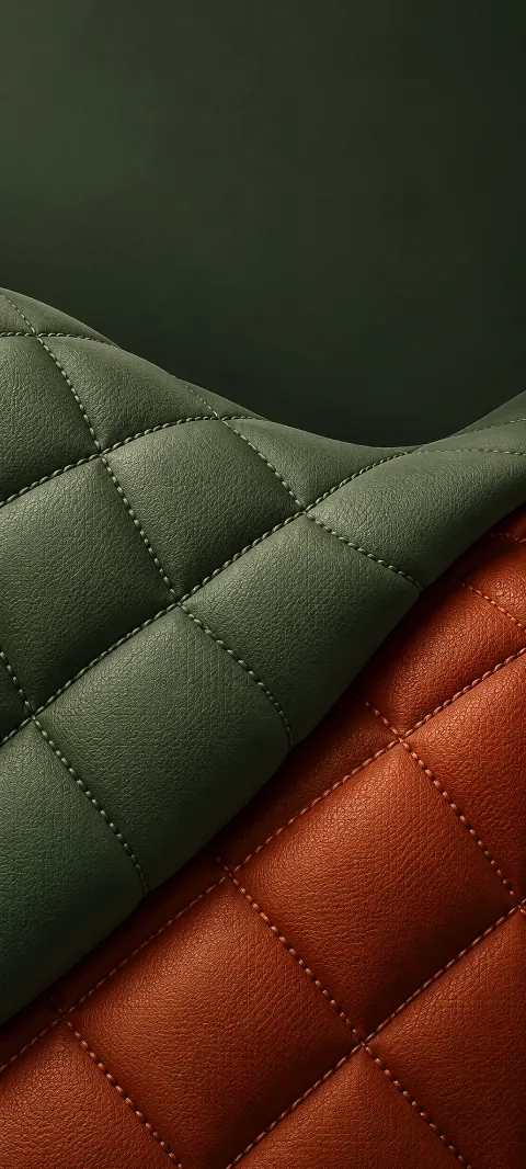 Diamond-stitched sage leather folded over rust leather against dark green.