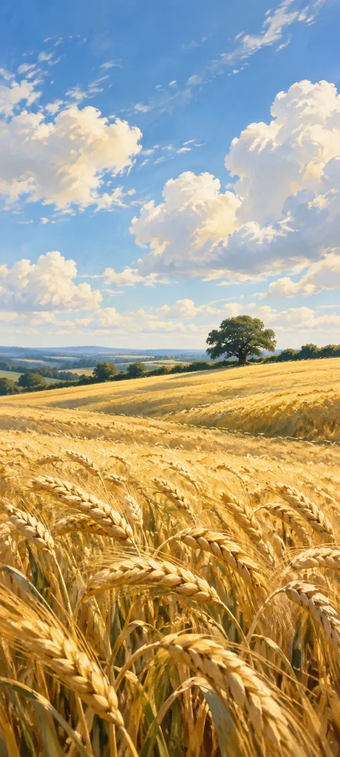 Golden wheat rippling toward a hedgerow and lone oak beneath summer clouds.