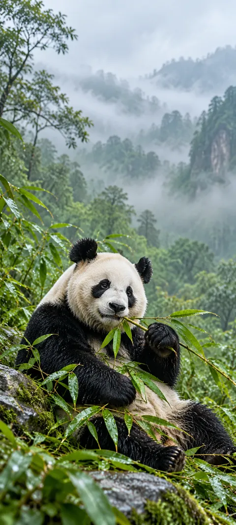 A panda sits among wet bamboo leaves.