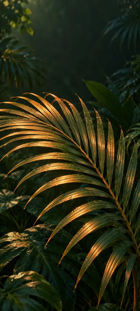 Copper-lit palm frond with fine droplets against dark tropical foliage.