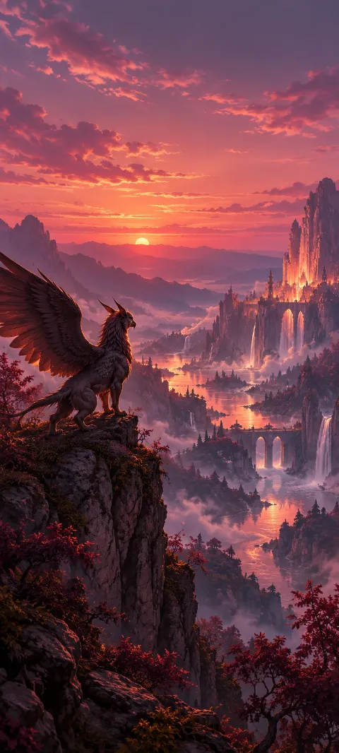 A distant winged creature circles a rosewood valley.