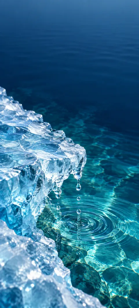 Faceted melting blue ice with falling droplets above turquoise water and circular ripples.