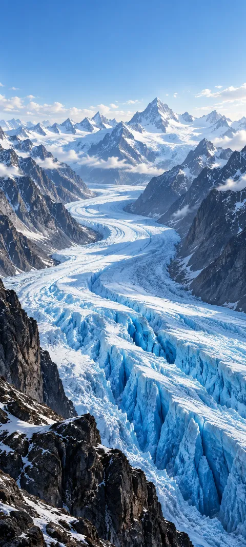 Winding blue glacier with cobalt crevasses between dark mountain walls and distant snow peaks.