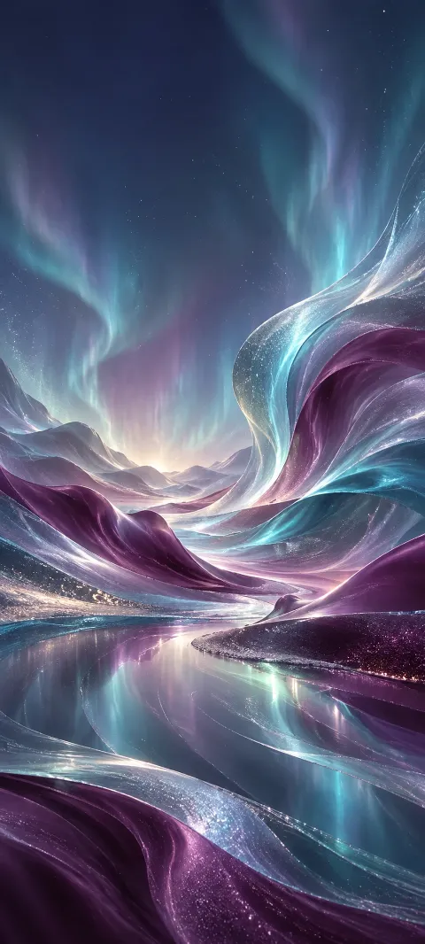 Plum, cyan and silver folds create a soft aurora-like abstraction.