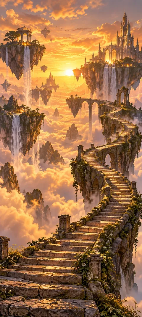 A stone stair climbs through an amber sky of islands.